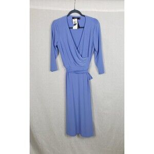 Lauren Ralph Lauren Dress 8‎ Blue Faux Wrap Belted Midi 3/4 Sleeve Casual Career